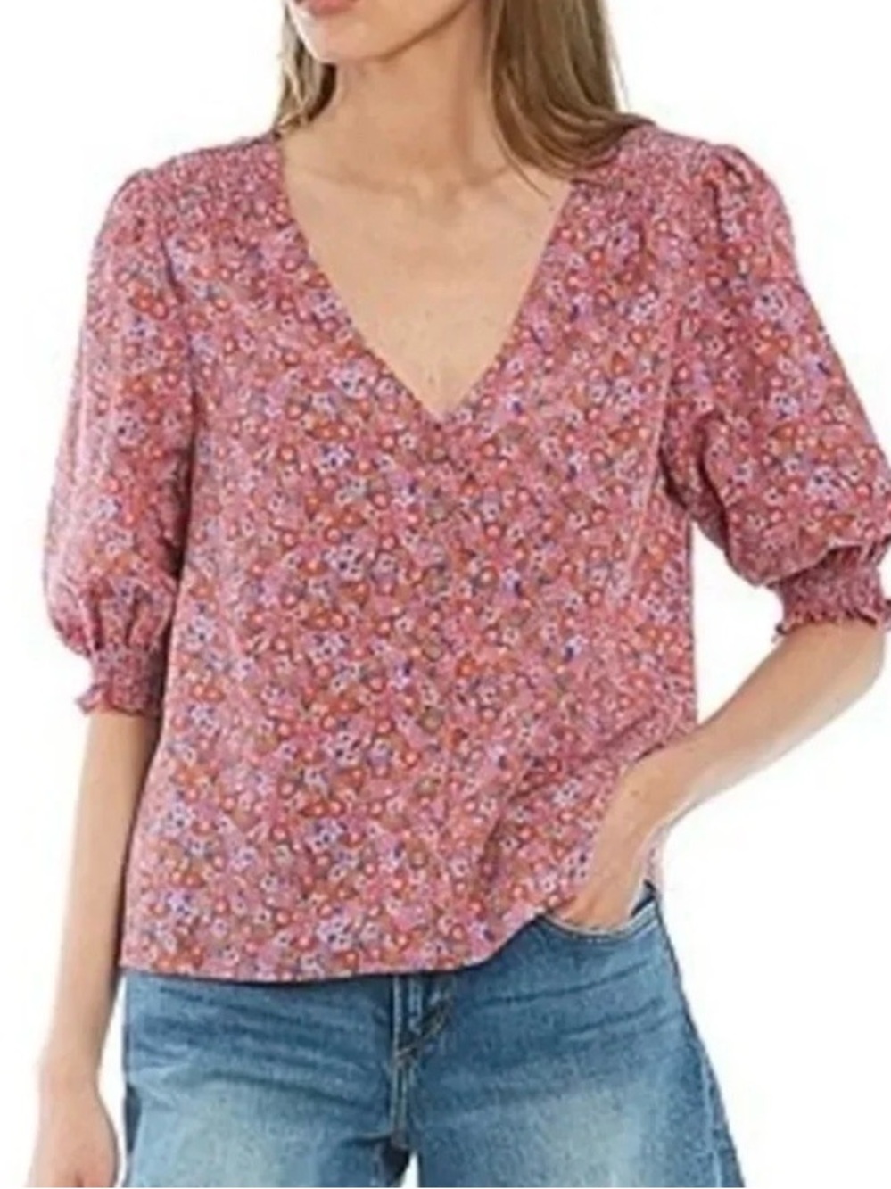 Sanctuary Pink Multi Floral V-Neck Button Blouse